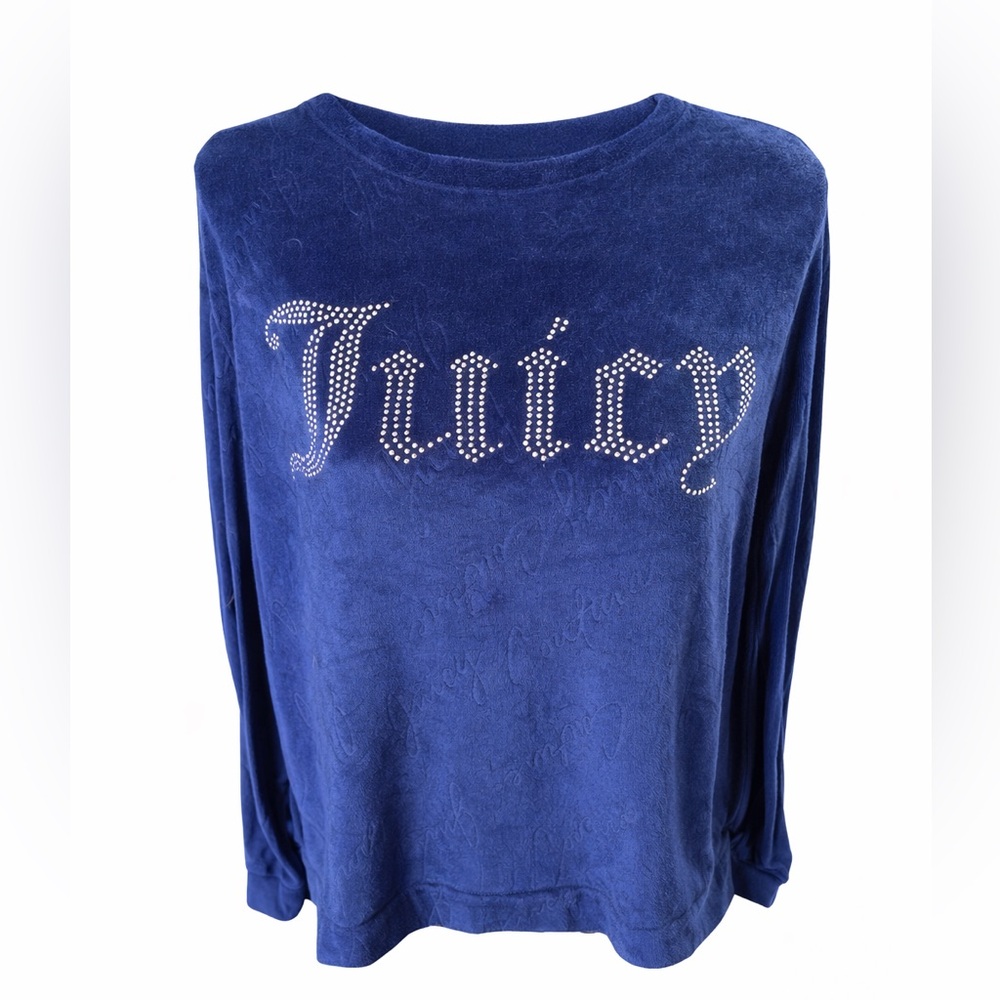 Juicy Couture Blue Velour Rhinestone Logo Embossed Top Size Small